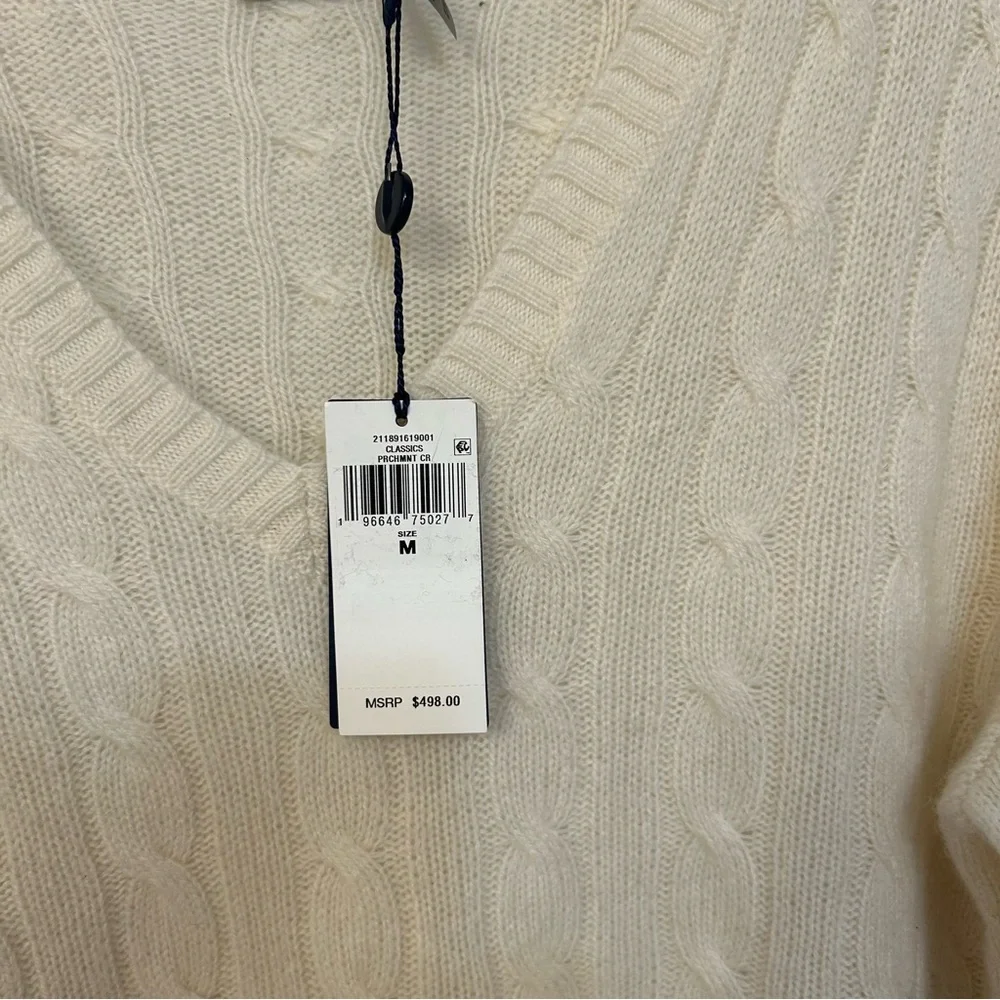 Polo Ralph Lauren Cashmere Iconic Cable Knit V-neck sweater in Cream Size M - Picture 4 of 9